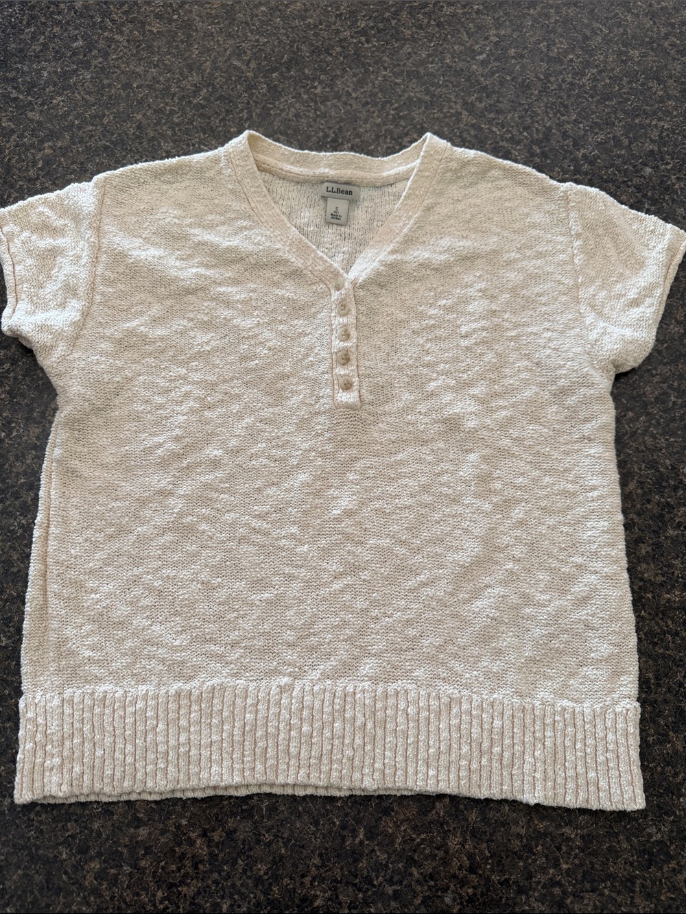 L.L. Bean Short Sleeve Henley Knit Top 100% cotton Light Cream Size Small Petite